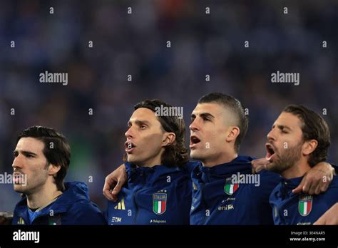 Riccardo Calafiori, Gianluca Mancini and Manuel Locatelli of Italy sing ... - raincitystudios.com
