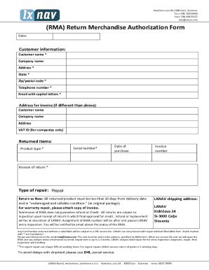 RMA Form Returned Merchandise Authorization Form Fillable PDF Form for