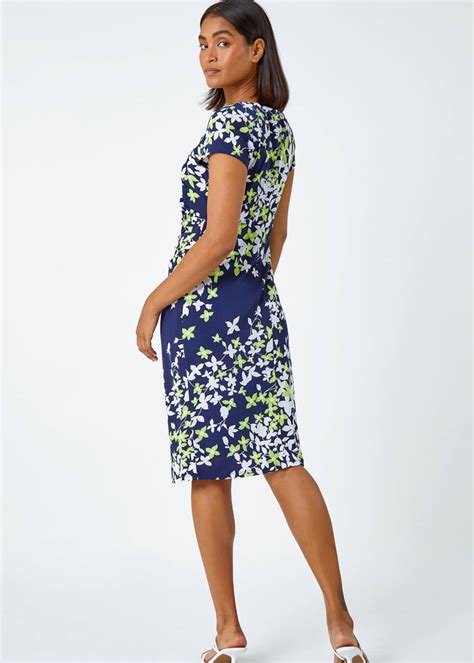 ROMAN Dress 12 Lime Green White Floral Stretch Knee Length