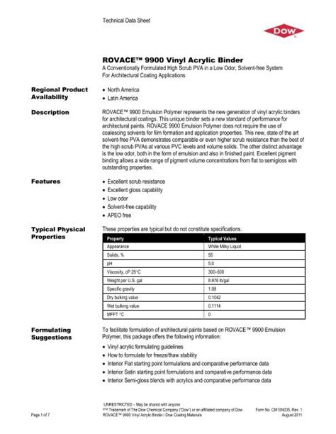 ROVACE™ 9900 Emulsion Polymer - Dow Chemical Company