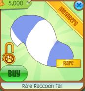 The Blue & Black Rare Raccoon Tail ( Non-original) was one of the items obtainable by trading any of the original variants to Leilani in Moku'ahi. The Jamaaliday Raccoon Tail was one of the items obtainable by trading any Super Sweets 2017 variant to Leilani in Moku'ahi.