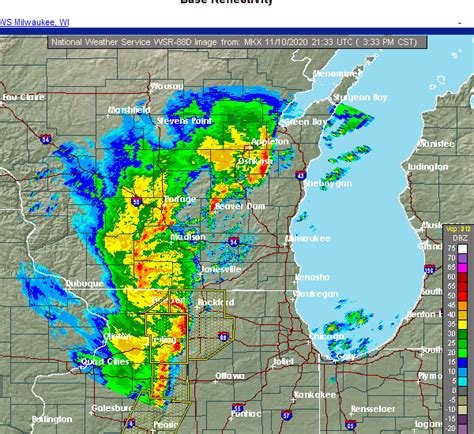 Janesville Radar Weather. Use the map search tool if you want to place a location marker on the radar map... Expand. Set page refresh: 1 Minute. 2 Minutes. 5 Minutes. 10 Minutes. No Refresh. Radar Reflectivity Explained. The colors are the different echo intensities (reflectivity) measured in dBZ (decibels of Z) during each elevation scan.