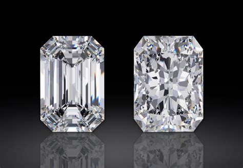 Radiant cut vs emerald cut. Because of its rectangular shape, the radiant diamond is reminiscent of the emerald-cut diamond and the princess- cut diamond, differing due to its unique features of sharp, bevelled corners and unusual step-cut facets. The crown of a radiant-cut diamond typically has 25 facets. The pavilion or lower portion of a radiant diamond usually has 28 ... 