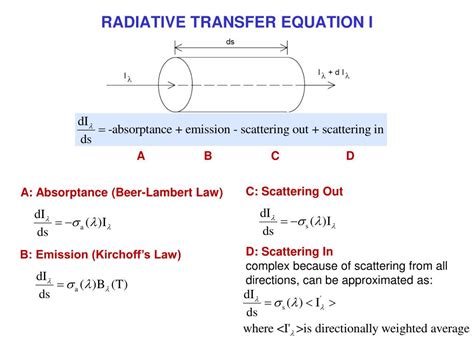 The Radiative Transfer Equation in Participating Media (RTE) 10.1 Introduction. 10.2 Attenuation By Absorption And Scattering. 10.3 Augmentation By Emission And Scattering. 10.4 The Radiative Transfer Equation. 10.5 Formal Solution To The Radiative Transfer Equation. 10.6 Boundary Conditions For The Radiative Transfer …. 