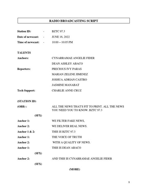 Radio script example for students.  Royalty-free PDF downloads.  students: ABREV...