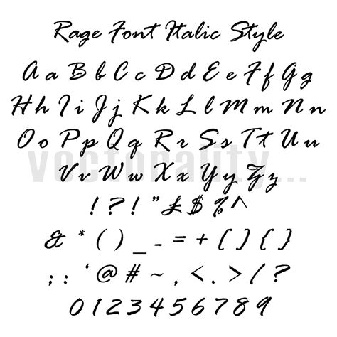 Rage Font Italic Style Script Alphabet Numbers Letters Vector Etsy