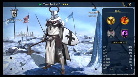 Raid templar. Templar's Skills. Attacks 1 enemy. Has a 30% chance of placing a 30% |Decrease SPD] debuff for 2 turns. Damage inflicted is proportional to DEF. Attacks 4 times at random. Each hit has a 25% chance of placing a [Provoke] debuff for 1 turn. Places a [Block Damage] buff on this Champion for 1 turn. Damage inflicted is proportional to DEF. 