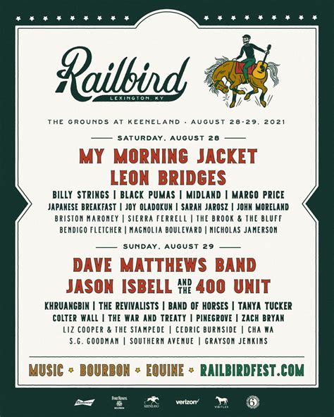 Railbird 2024. Railbird Music Festival. When: June 1-2. ... Headliners: While the lineup for 2024's festival has yet to be announced, last year's artist roster included Lana Del Rey, Jon Batiste, ... 