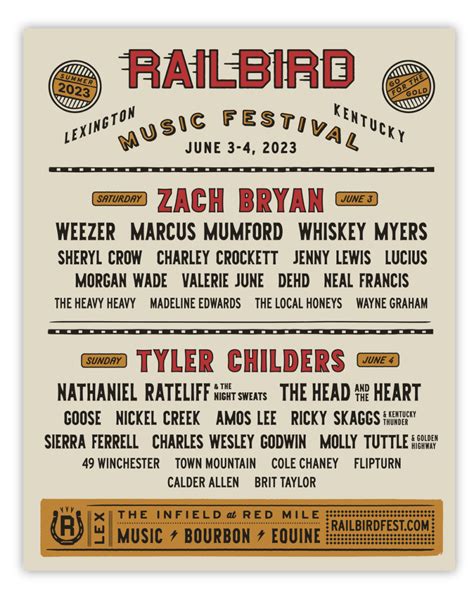 Railbird festival 2023. May 31, 2023 · The 2023 Railbird Festival is taking place at Lexington, KY's The Red Mile on June 3-4. We found tickets to see Zach Bryan, Tyler Childers, Weezer, Marcus Mumford, Sheryl Crow, Whiskey Myers ... 