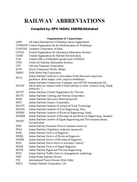 Railway abbreviations dictionary.  For experts should focus on the technicalities of the p...