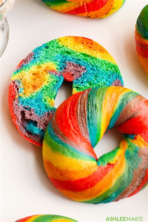 Rainbow bagels. Ingredients for Rainbow Bagels. Dough (You will be making this 5 times, one for each color). 1 tblspn honey; 1/2 tspn instant yeast; 3/4 tspn salt; 2 tblspn sugar; 1 cup and 1 tblspn lukewarm water; 10 drops food coloring of your choice (yellow, blue, green, pink, orange, red, purple, whatever–just 5 different ones) 