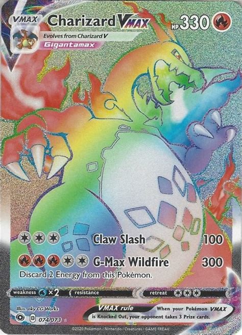 Rainbow charizard vmax worth. Charizard VSTAR is no exception. Its VSTAR Power, Star Blaze, does 320 damage for three fire and one colorless energy. You have to discard two energy attached to Charizard VSTAR, but that's not a huge issue. This card lands on this list due to its ability to knock out VMAX Pokemon with one attack. 