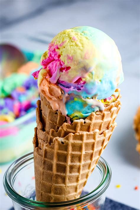 Rainbow icecream. 2 teaspoons pure vanilla extract. Food coloring – 6 colors. Instructions. Place loaf pan or container in freezer at least 30 minutes. Place bowl and whisk in freezer at least 30 minutes. Be sure whipping cream and condensed milk are really cold. In a large bowl, beat whipping cream until stiff peaks form. In a medium bowl, combine the ... 