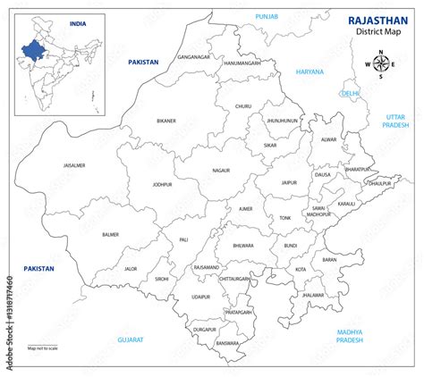 Rajasthan outline map with districts.  Labels on the map indicate each area's class...