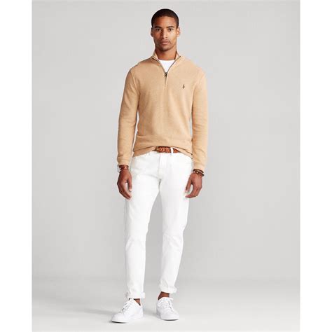 Ralph Lauren Cotton Mesh Quarterzip Sweater in Camel Melange (Natural