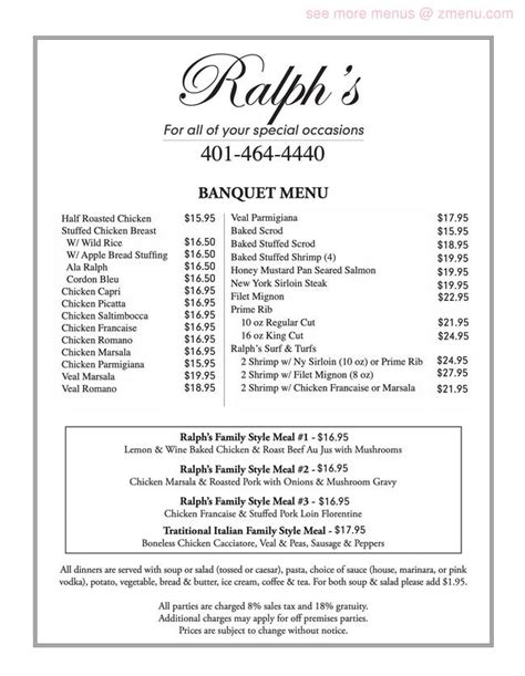 Ralphs catering. International Menu @ $19 per person. 1. Tossed Green Salad w/ Ranch Dressing. Fresh Iceberg and Romaine lettuce tossed with carrots, purple cabbage and cherry tomatoes served with Ranch dressing (Caesar salad also available upon request) 2. Rice. White steamed calrose grain rice. 3. Garlic Mashed Potatoes with Gravy. 