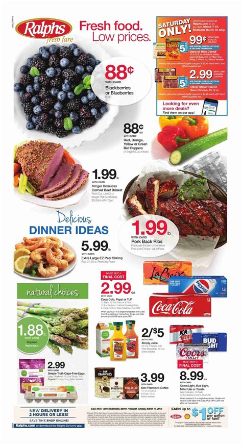 Ralphs grocery flyer. Save $15 When You Spend $75 on Pickup and Delivery*. Simply clip your digital coupon and start enjoying savings on your favorite items! Must clip offer by Monday, September 26, 2022 at 11:59pm PT and redeem by Monday, October 3, 2022 at 11:59pm PT. Valid only on Pickup and Delivery orders where available. Not valid on in-store, Delivery Now or ... 