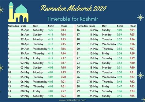 Ramadan 2020 Timetable for Kashmir Dial Kashmir