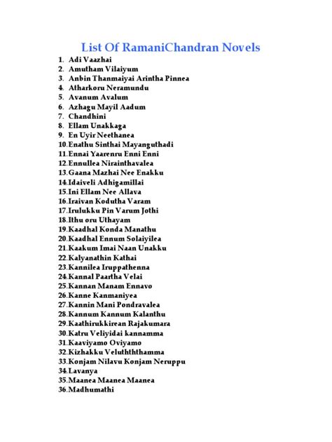 Ramanichandran novels list. 00 List of RamaniChandran Novels - Free download as PDF File (.pdf), Text File (.txt) or read online for free. ramani list 