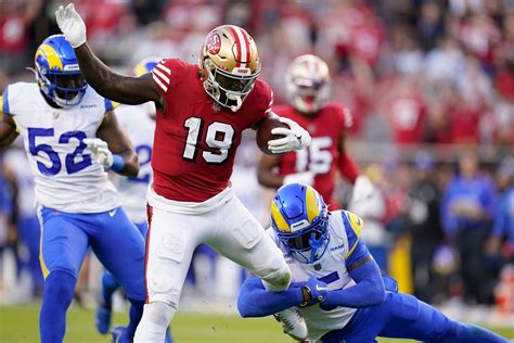 Rams vs 49rs. Sep 17, 2023 · 🏈 49ers 27, Rams 17 — 11:28 left in the fourth quarter. Deebo Samuel scored on an 11-yard touchdown pass from Brock Purdy to give San Francisco its biggest lead of the game so far. 
