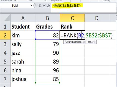 Rank function in excel