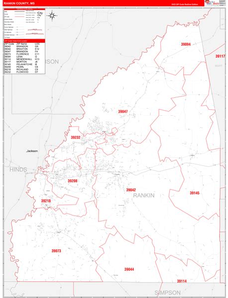 Rankin County, MS Zip Code Wall Map Basic Style by MarketMAPS MapSales