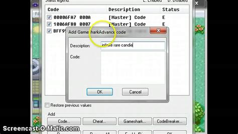 Open the Emulator. Click on the File, then tap/click Open, followed by Pokémon Emerald ROM. At the start of the game, click/tap on Cheats followed by the VBA menu Cheat List. Click on Gameshark. Input your codes and describe them properly to help manage your cheats. Click on OK two times to get back to the cheat-enabled game.. 