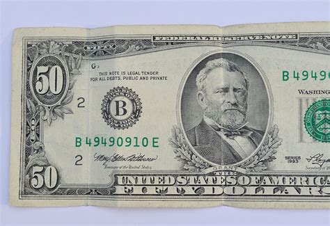 Rare fifty dollar bills. In fact, 5% of all banknotes printed nowadays are $50 bills. The person currently featured on the $50 bill is Ulysses S. Grant. Here are some key details about Ulysses S. Grant and his presence on the $50 bill: Ulysses S. Grant was the 18th president of the United States, serving two terms from 1869 to 1877. 