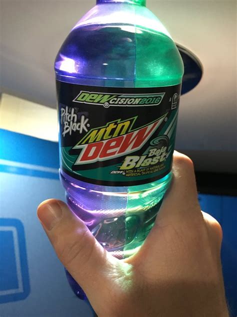 The official Mountain Dew label art from 1999 until 2005. Mountain Dew's logo from 1999 until 2005. During this time, Code Red, LiveWire, Pitch Black, Baja Blast, and Blue Shock Freeze all entered the market, and thus used variations of this logo. Mountain Dew's 12 oz. bottle design from 1999 until 2005.. 