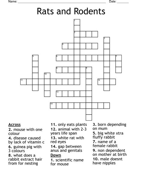 Rat like rodent crossword clue. The Crossword Solver found 30 answers to "large burrowing rodent (6)", 6 letters crossword clue. The Crossword Solver finds answers to classic crosswords and cryptic crossword puzzles. Enter the length or pattern for better results. Click the answer to find similar crossword clues . Enter a Crossword Clue. 