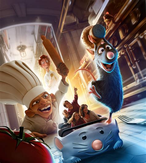 Ratatouille ride. The theme of this ride is based on the Pixar picture Ratatouille. Riders enter the building which depicts a typical series of Parisian houses. Once inside people board vehicles shaped like a rat, and experience the rest of the ride as if they were the size of the rat Rémy, the main character of Ratatouille. "Ratatouille: L'Aventure Totalement ... 