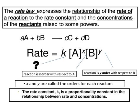 Rate law. Initial Rate: The Method of Initial Rates involves measuring the rate of reaction, r, at very short times before any significant changes in concentration occur. A + 2B --> 3C . While the form of the differential rate law might be very complicated, many reactions have a rate law of the following form: r = k [A] a [B] b 
