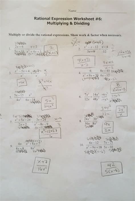 Rational Expression Worksheet 6 Multiplying And Dividing Answer Key