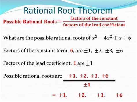 Rational root theorem. Learn about the algebraic theorem that determines the possible rational roots of a polynomial equation with integer coefficients. Find out how to use the theorem to factor and solve the equation, and who devised it. 