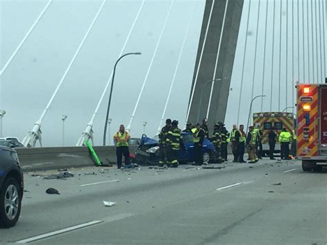 Ravenel bridge accident. BREAKING: Overturned vehicle on Ravenel Bridge, heading towards Mt. Pleasant. Three cars are involved. Traffic has been moved to one lane, and is slowly moving into downtown. Police, Fire Crews and EMS are all on the scene. So far, no one has been transported to the hospital. Count on News 2 for the latest as this story continues to devleop. 