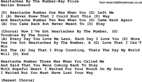 Ray Price Heartaches By The Number Lyrics
