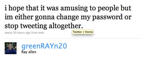 http://twitter.com/SUGARRAY20 UPDATE: Ray Allen's Twitter account posted an X-rated message earlier. That name isn't online anymore.