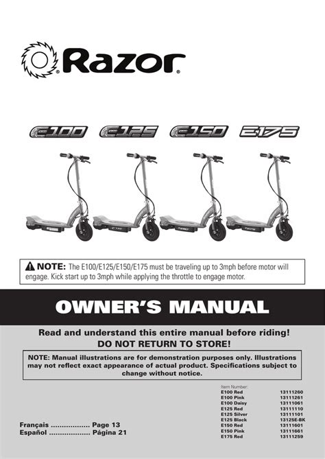 Razor e175 manual. Razor® Owners Manuals. Razor E100, E125, E150 & E175 Owners Manual. Razor E200 & E200S Owners Manual. Razor E300 & E300S Owners Manual. Razor E500S (E500 S) Owners Manual. Razor Pocket Mod Owners Manual. Razor Sport Mod Owners Manual. Razor iMod Owners Manual. 