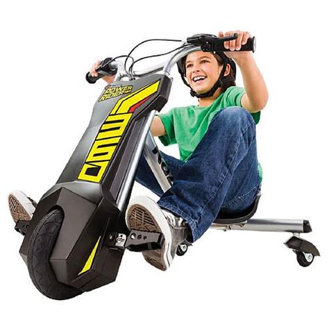 Razor power rider 360. Blast into the future with the Power Rider 360 - the all-new, electric powered three-wheeler from Razor. With the push of a button, you're off - no peddling required. Race at speeds up to 9 mph, cut full 360 degree spins, slide, even drift on Power Rider 360's high-performance duel inclined rear caster wheels. 