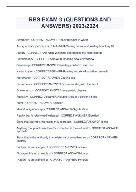Rbs test answers. RBS EXAM 1 TEST &lpar;QUESTIONS AND &NewLine;ANSWERS&rpar; 2023&sol;2024 &NewLine;Content focus - CORRECT ANSWER-Clearly identify content&comma; expert organizes logically &NewLine;Banking concept &NewLine;Objectives based on understanding learners&comma; study contemporary life&comma; suggestions by &NewLine;subject specialists &NewLine ... 