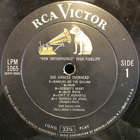 Rca music label. RCA Camden 4B. RCA Quadradisc 1. RCA His Master's Voice 1. RCA Custom 1. (1A-J) Various colors & series early issues with large "Long Play" on the bottom {1950}. (2A-O) Black label small "Long Play" or "Living Stereo" {1955}. There were many small variations with the RCA black labels of this era. For more info go to a record guide and look up ... 