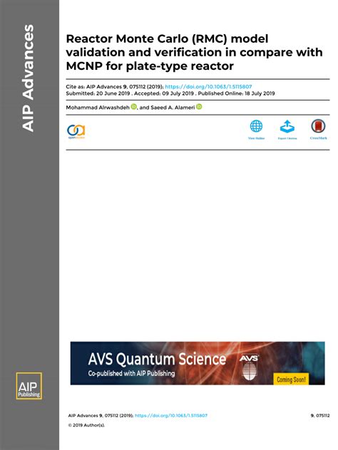 Reactor Monte Carlo (RMC) model validation and verification in …