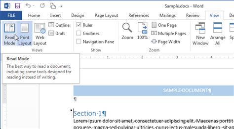 Read Mode or Reading Layout in Microsoft Office