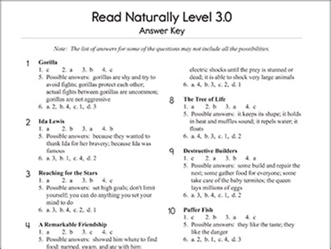 Read Naturally Answer Key