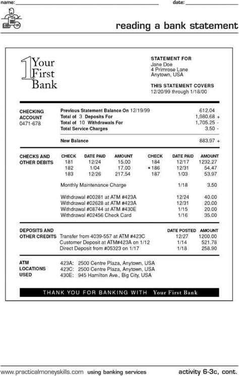 Reading A Bank Statement Worksheets - K12 Workbook