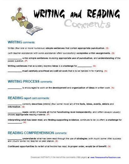 Reading And Writing Report Card Comments - Timesavers For …