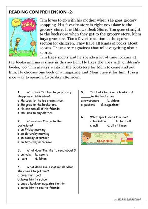 Reading Comprehension Elementary Exercise Comprehension Pass