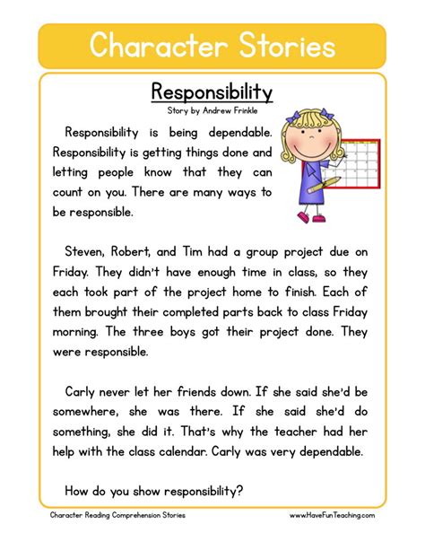 Reading Comprehension Worksheet Responsability