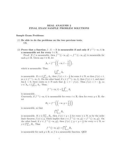 Real Analysis 2 Final Exam Sample Problem Solutions