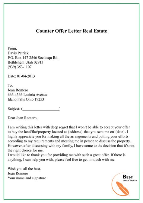 Real Estate Counter Offer Form CounterOffer Letter Sample